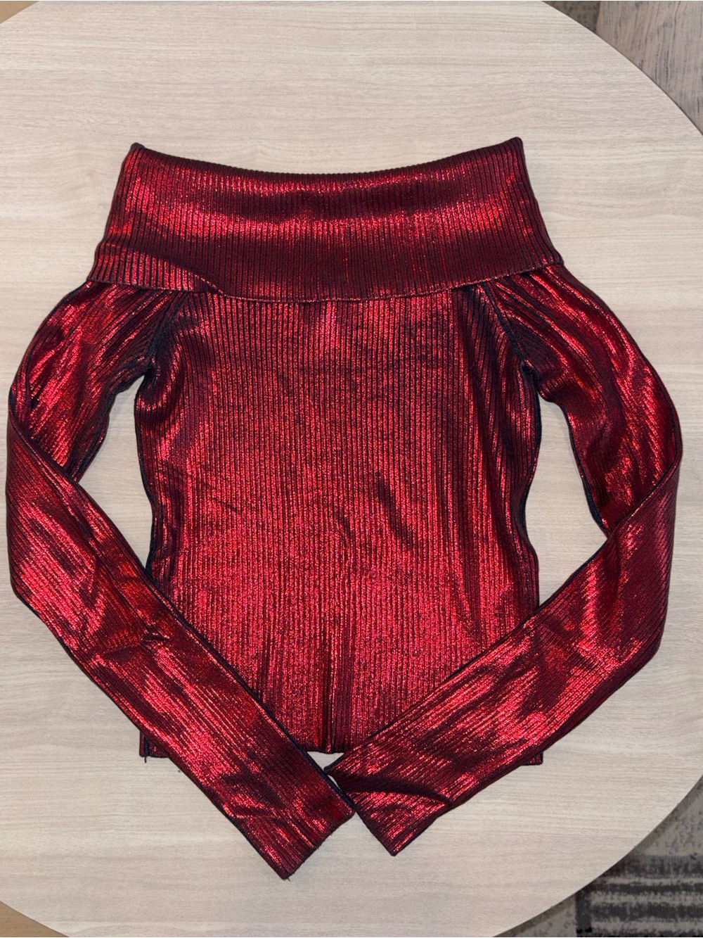Zara Off-the-Shoulder Foil Knit in Metallic Red